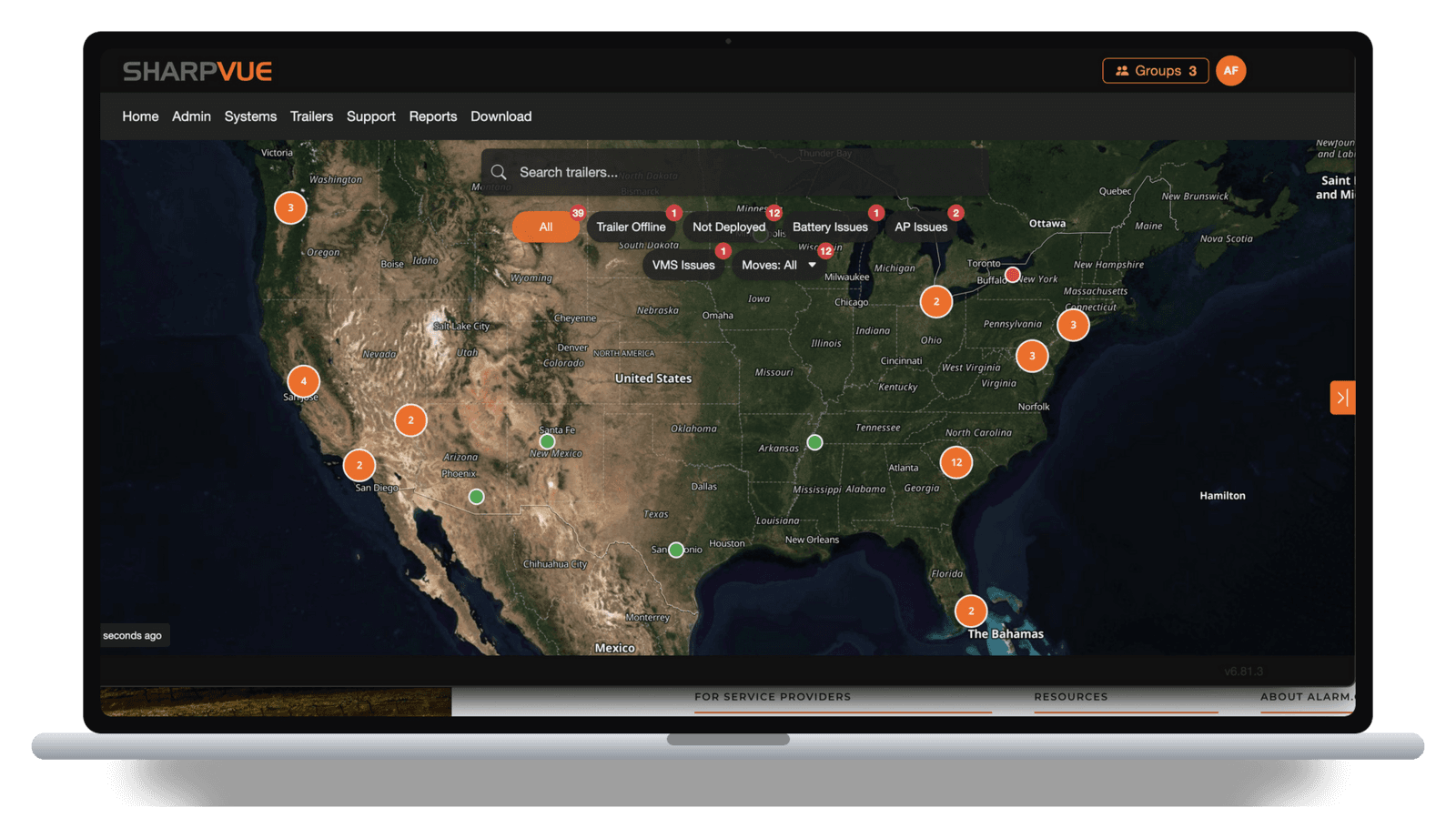 MySharpvue showing the live fleet map with deployed MAST trailers and Powered Surveillance Units across North America.