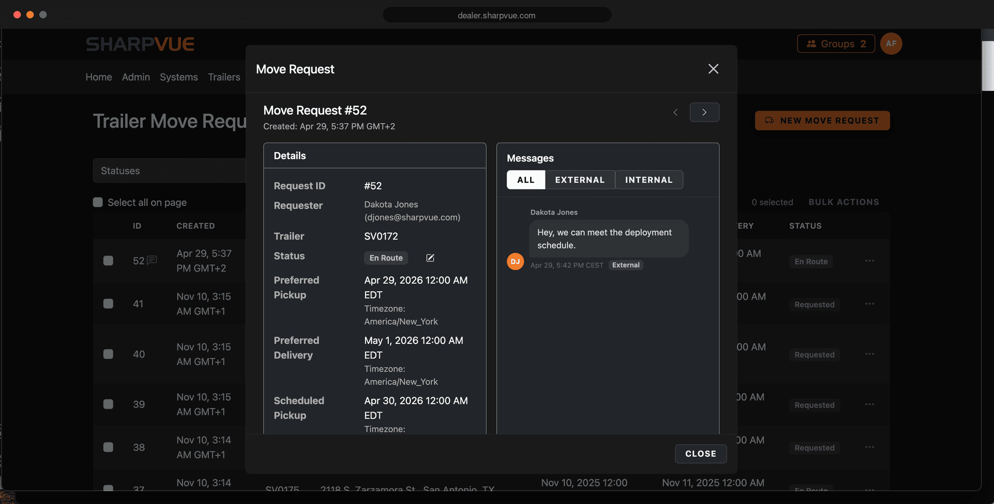 A trailer move request in MySharpvue, showing the move details, the En Route status, and a unified message thread with external and internal tabs.