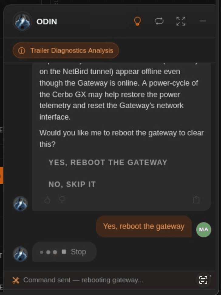 The ODIN assistant offering to reboot a trailer gateway to clear an offline alarm, with Yes and No options, then confirming the command was sent.