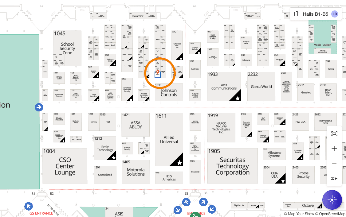 GSX 2026 floor plan with Sharpvue booth 1641 circled in Halls B1–B5