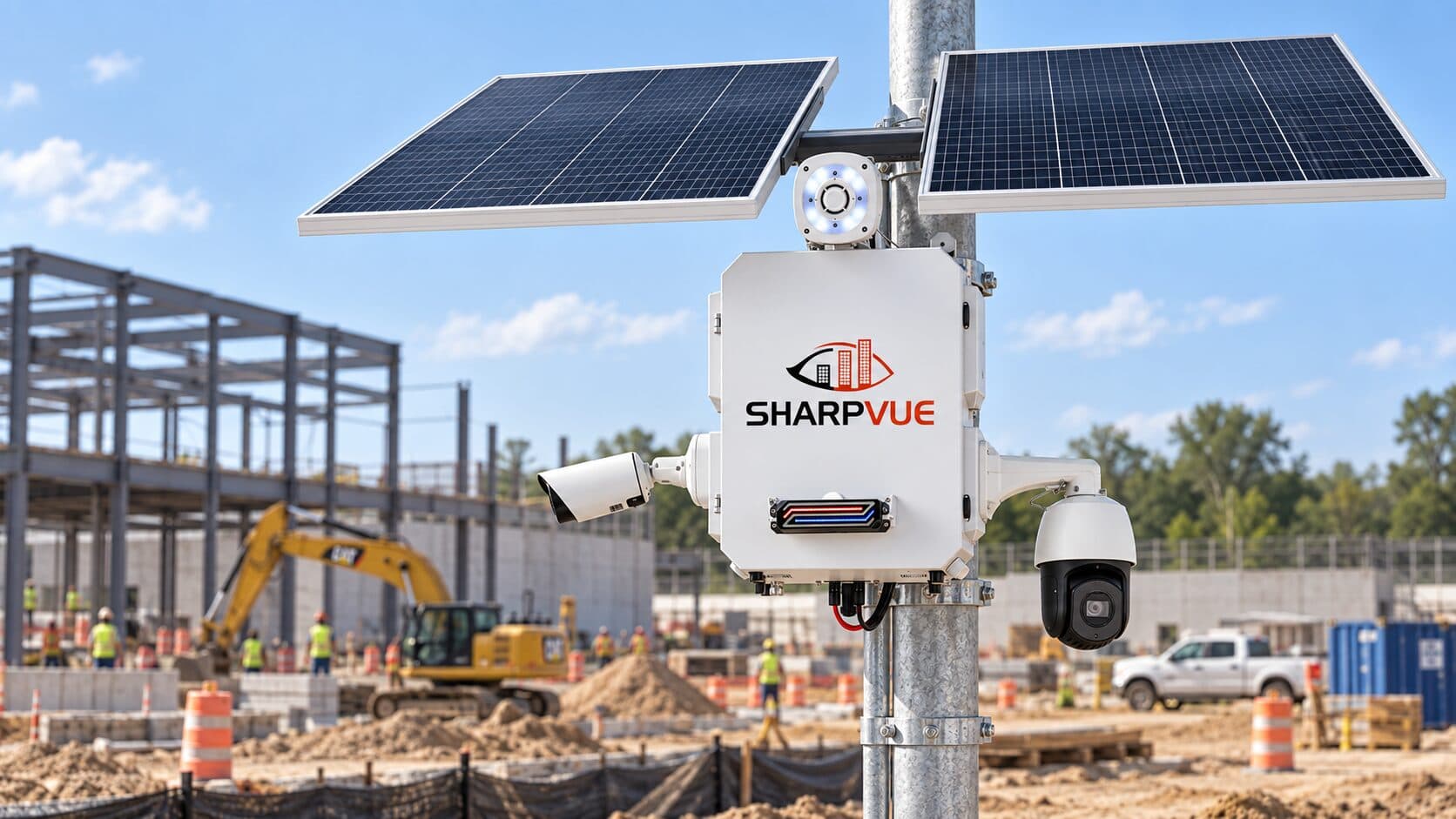 Sharpvue SPSU pole-mounted solar surveillance unit overlooking an active steel-frame construction site