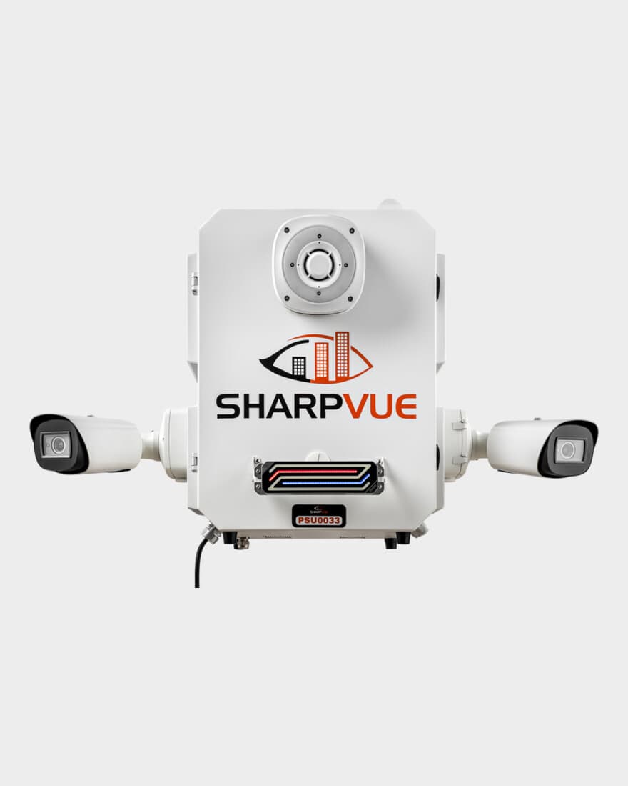 The Sharpvue Portable Surveillance Unit, with two bullet cameras, a strobe bar, and Sharpvue branding on the enclosure.