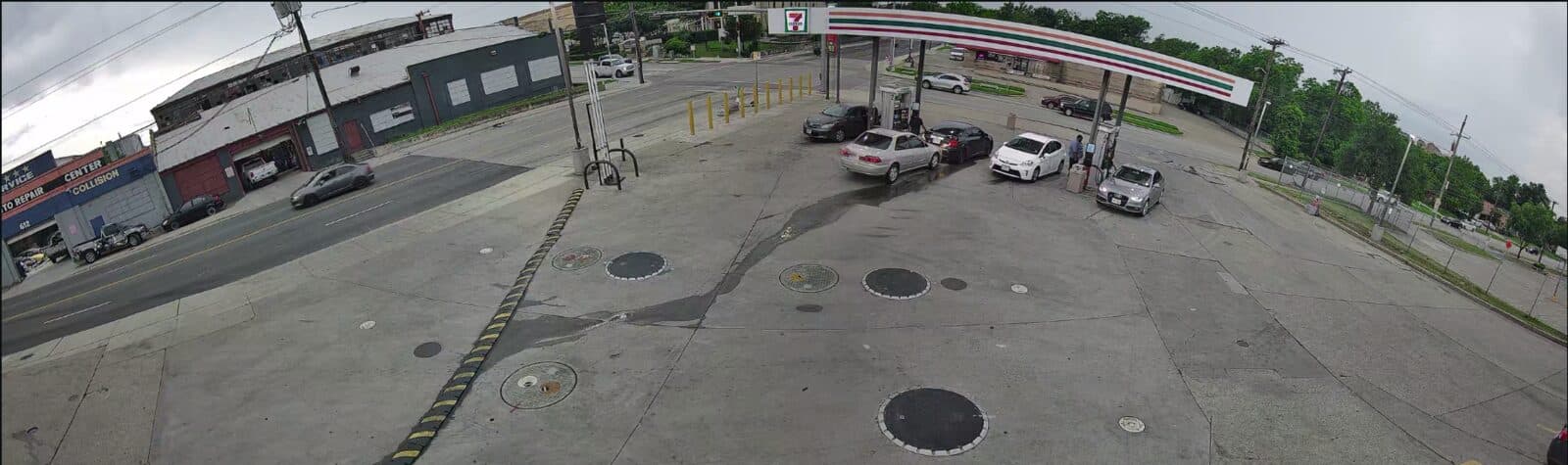 Sharpvue Panoramic 180° camera — stitched dual-sensor view of a fuel forecourt, full width with no blind spots