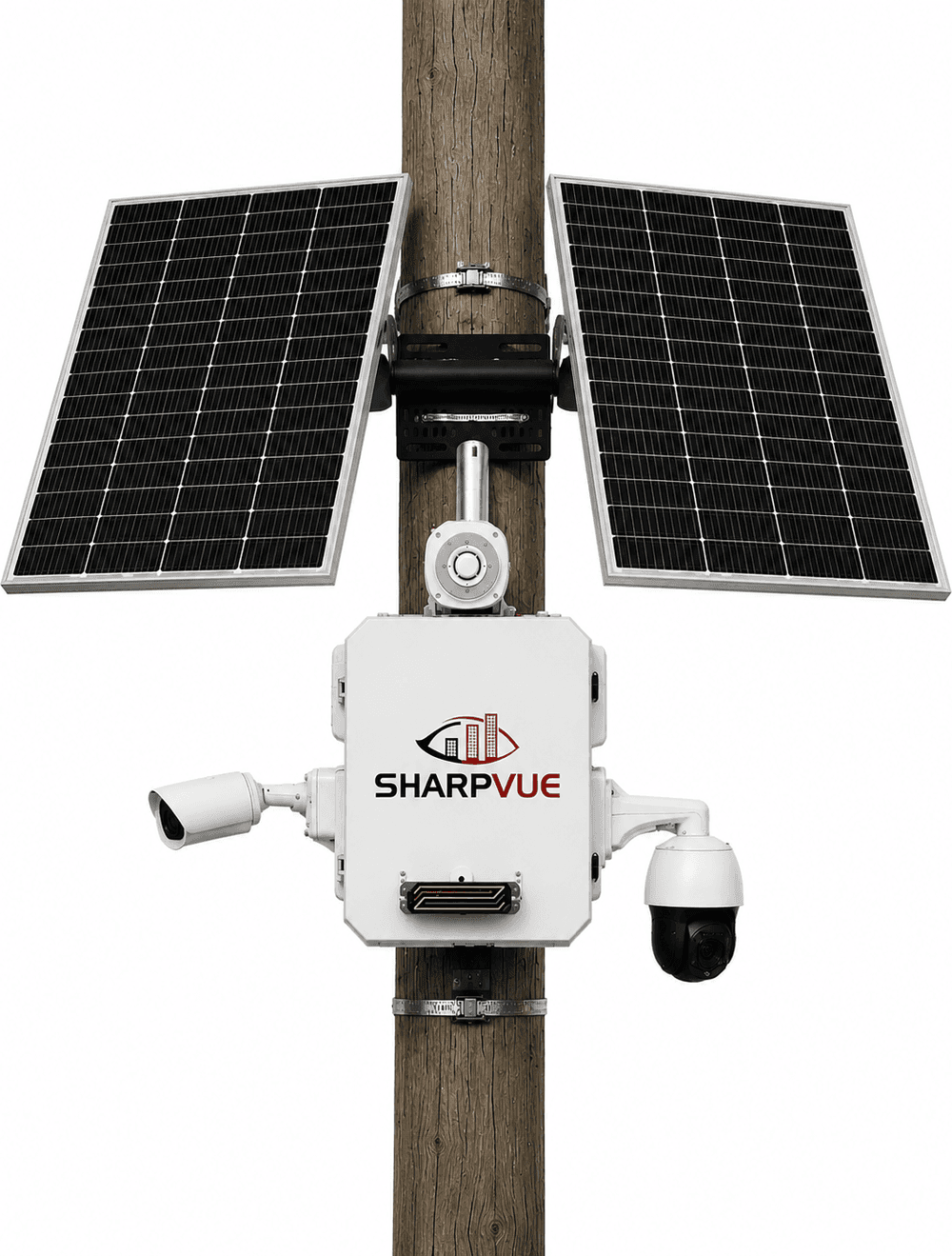 Sharpvue Solar Portable Surveillance Unit mounted on a pole with dual solar panels