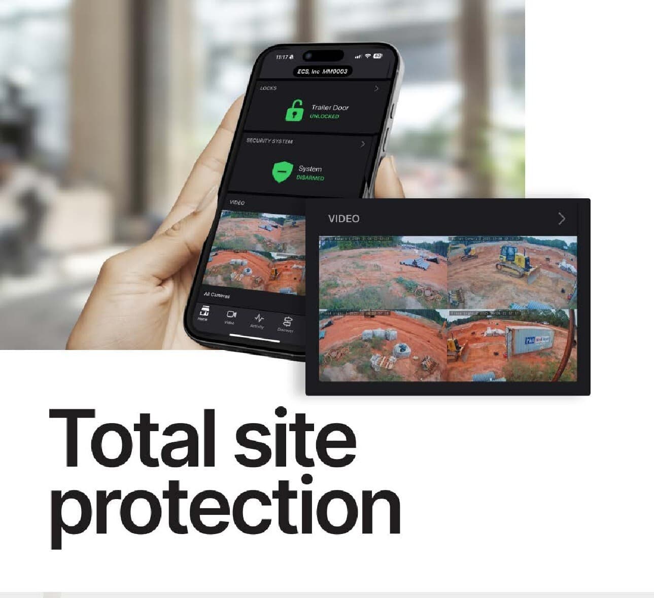 The Alarm.com for Business app showing trailer door locks, security system status, and live site video