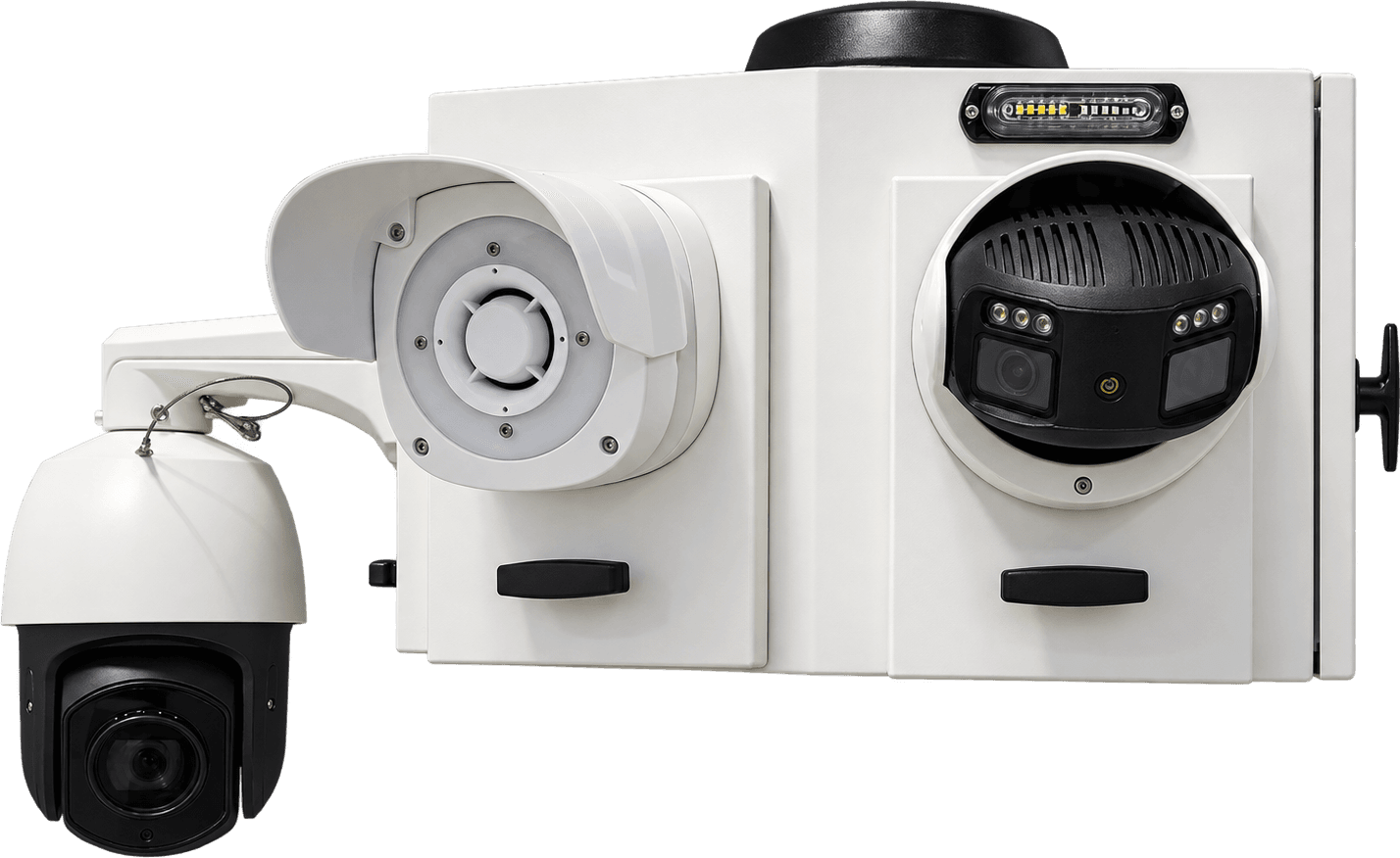 The Sharpvue head unit — enclosure, PTZ dome camera, panoramic camera, and strobe speaker on a mast head.