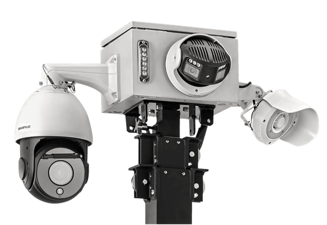 The Sharpvue head unit — enclosure, PTZ dome camera, panoramic camera, and strobe speaker on a mast head.