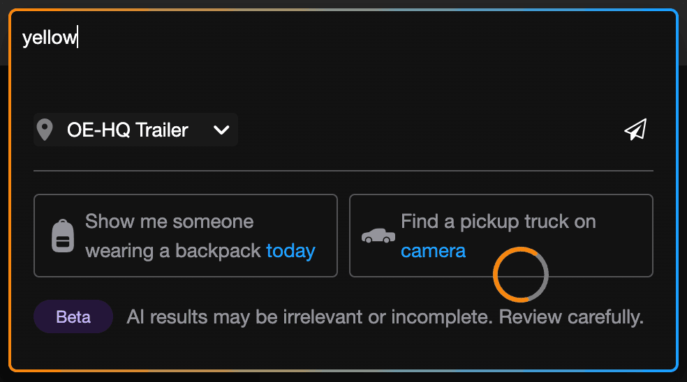The OpenEye AI Visual Search box on a Sharpvue trailer with a plain-language query typed in and suggested searches like 'show me someone wearing a backpack today' and 'find a pickup truck on camera.'