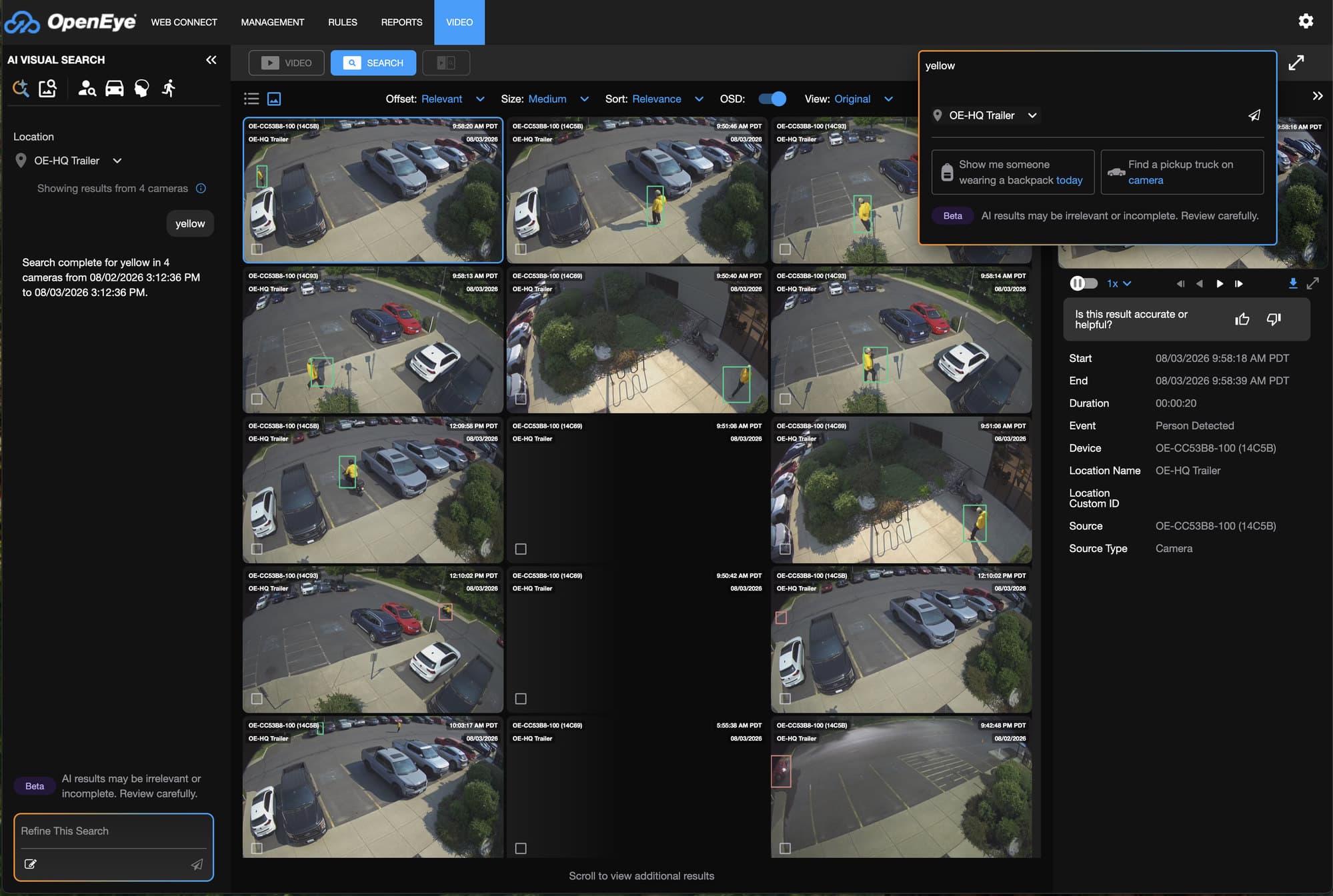 OpenEye AI Visual Search results from a Sharpvue trailer's cameras — thumbnails with a person in a yellow jacket boxed by the AI, alongside event details with time, duration, and camera.