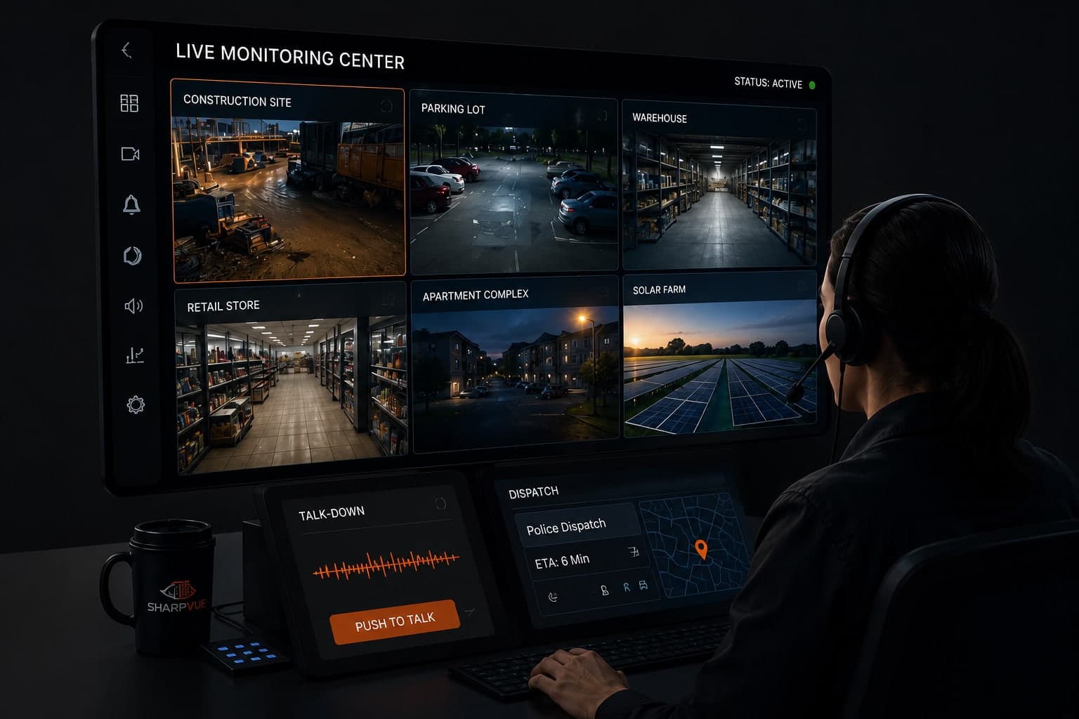 Sharpvue live monitoring center — an operator watching six camera feeds with talk-down and dispatch panels
