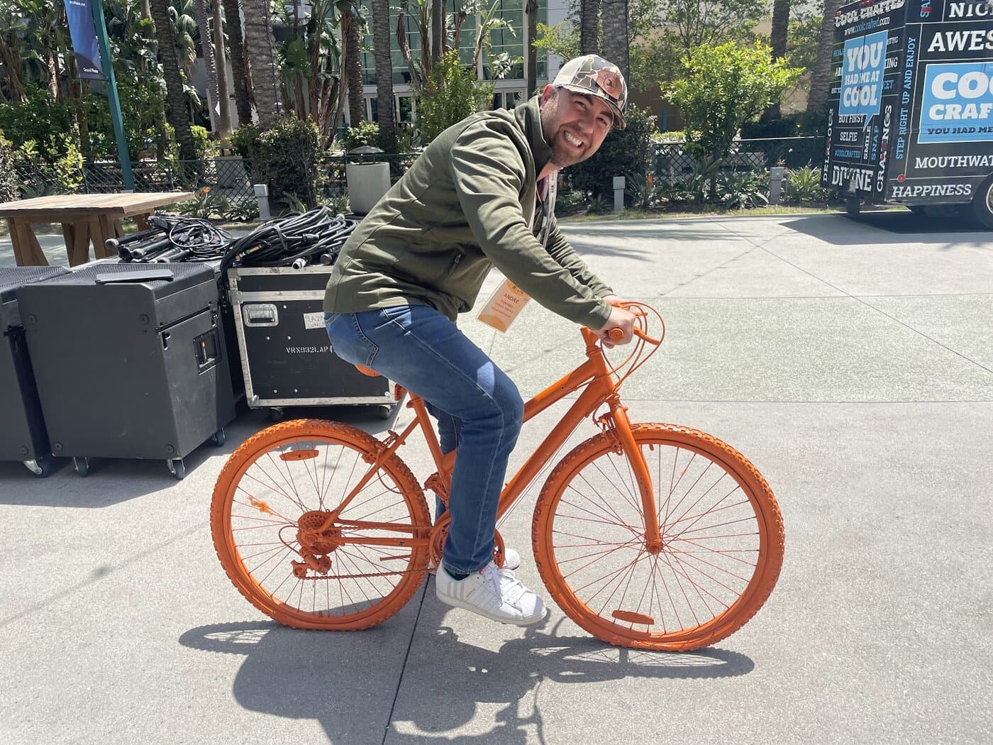 Andre Fontana, Chairman of the Irmo Community Foundation, on his signature orange bike