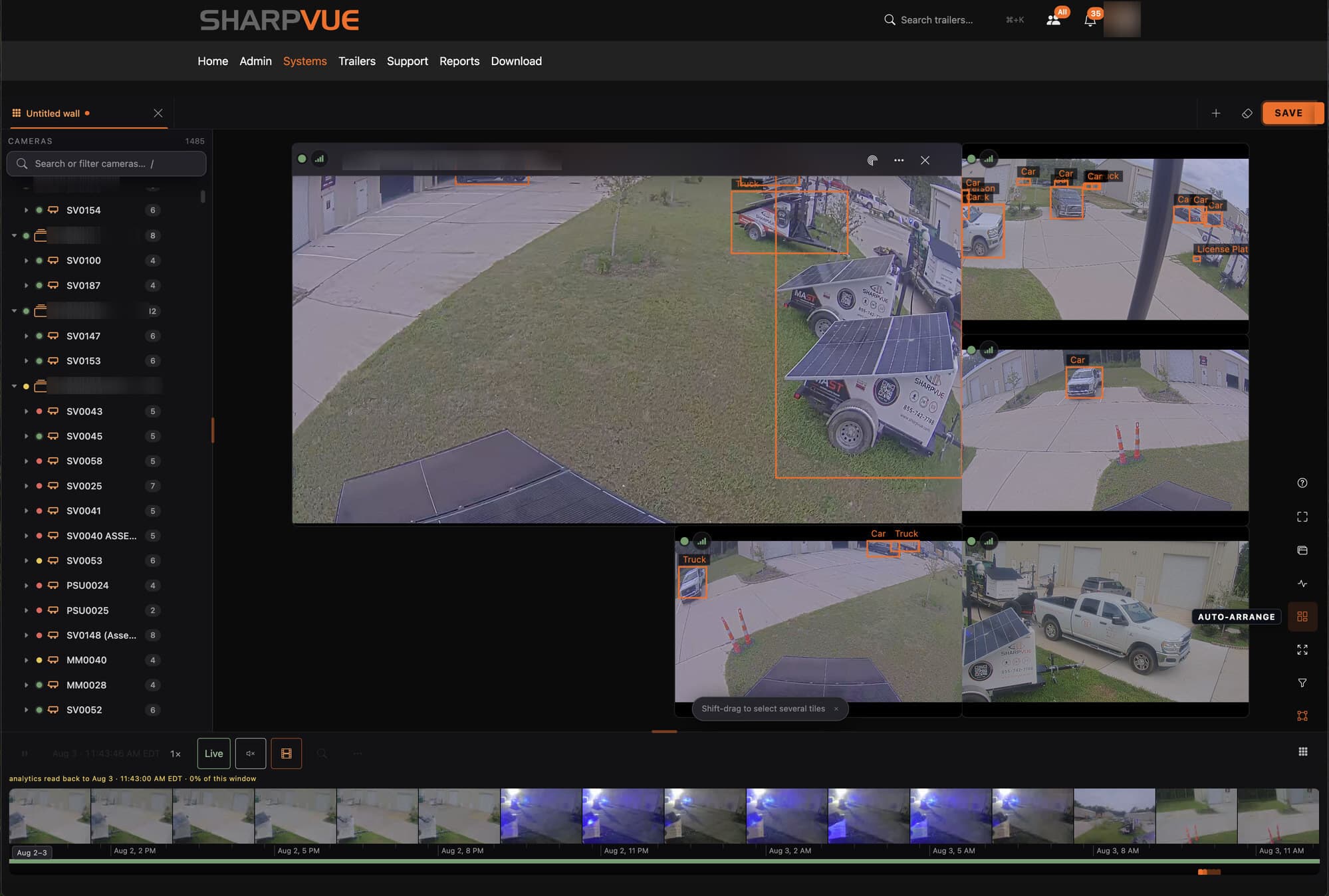 The MySharpvue built-in web VMS showing a multi-camera wall with live trailer views, AI detection boxes around cars and trucks, a searchable camera tree, and a playback timeline with thumbnails.