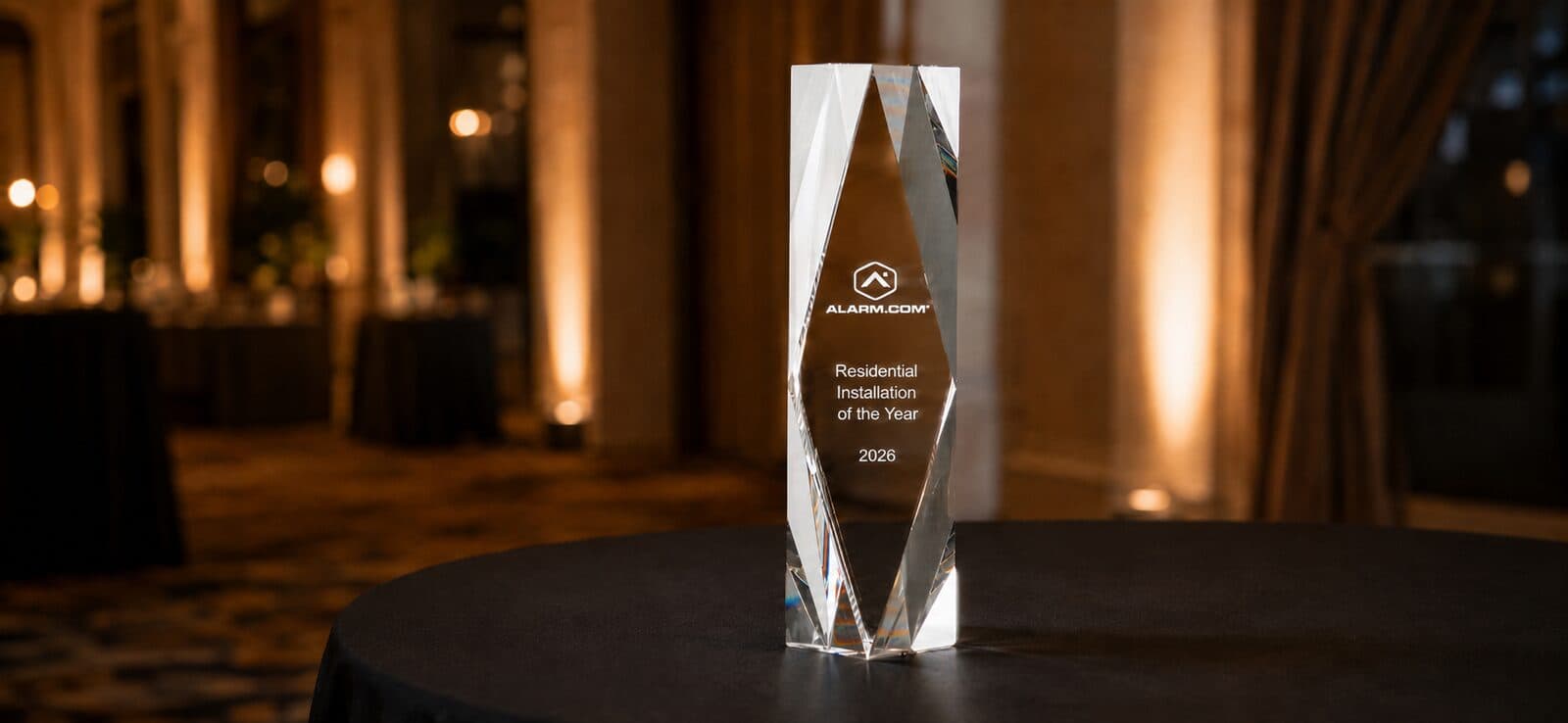A crystal Alarm.com Serious Security Award trophy
