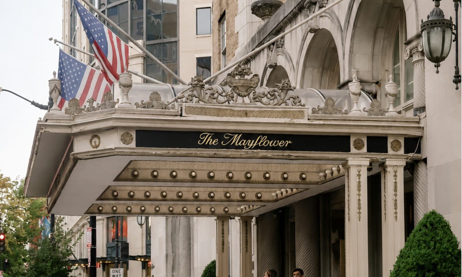 The entrance canopy of The Mayflower Hotel