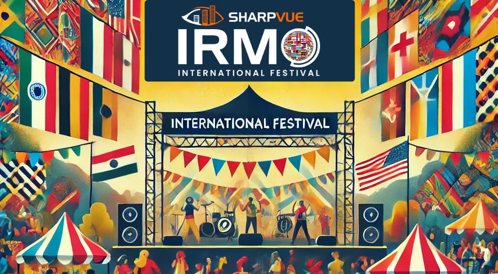 Sharpvue Irmo International Festival artwork — a festival stage surrounded by international flags