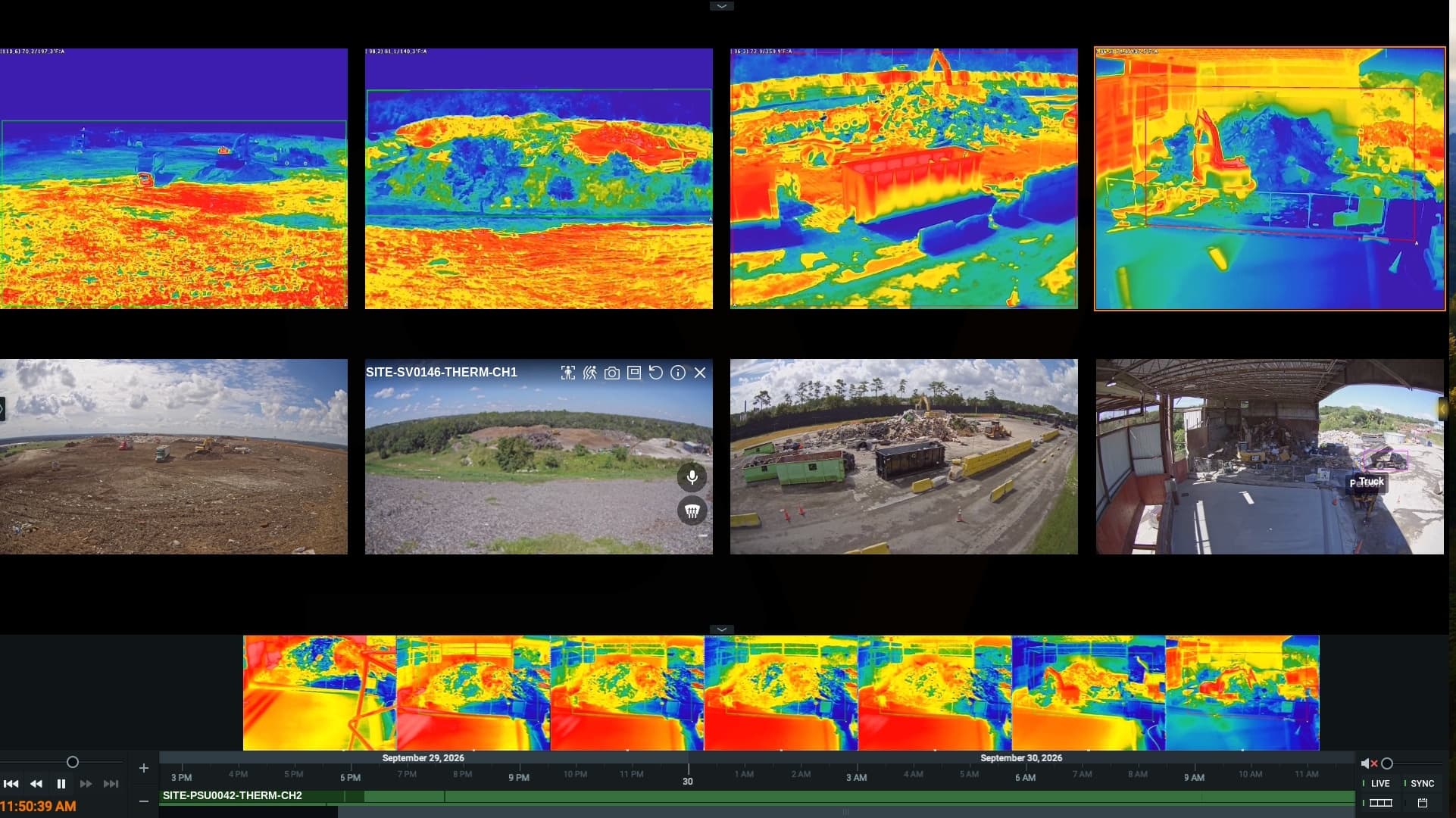Sharpvue iVISION video wall showing bi-spectrum thermal and visible camera views across a landfill working face, transfer station tipping floor, and roll-off containers, with a 24-hour thermal recording timeline