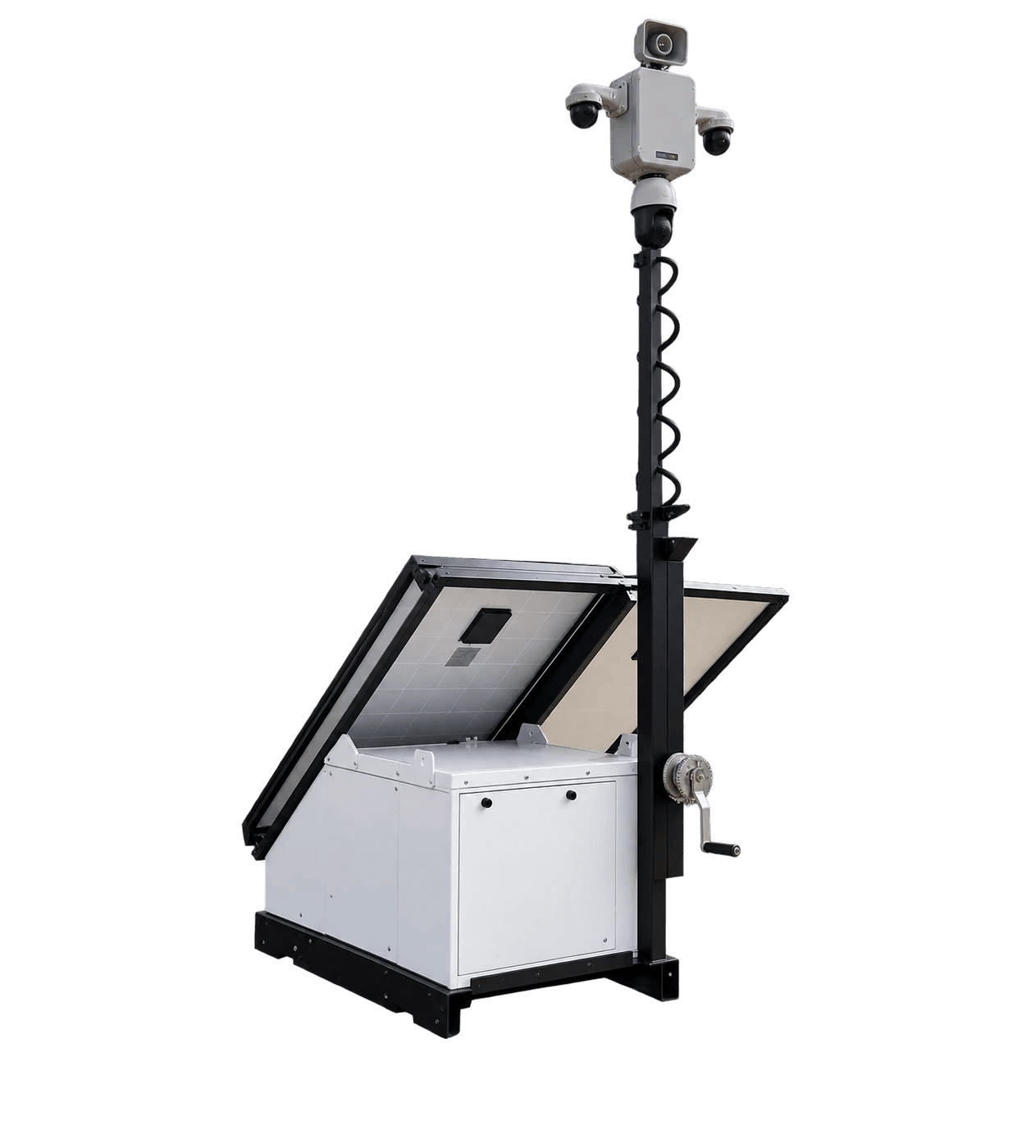 A Vorp Energy solar surveillance unit — a white skid-mounted enclosure with twin fold-out solar panels, a tall black mast carrying a multi-sensor camera head and PTZ dome, and a hand winch.