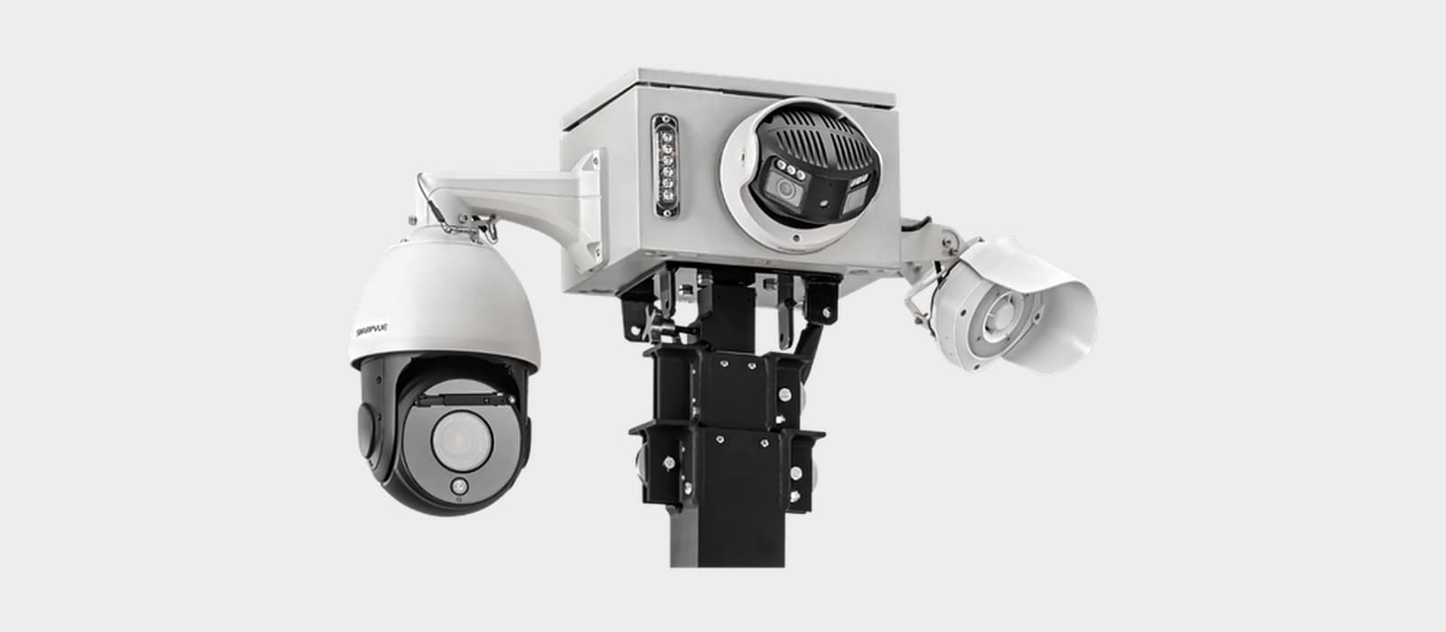 The Sharpvue head unit: a sealed enclosure with a panoramic camera, a PTZ dome camera on an arm, and a strobe speaker, mounted on a mast head.