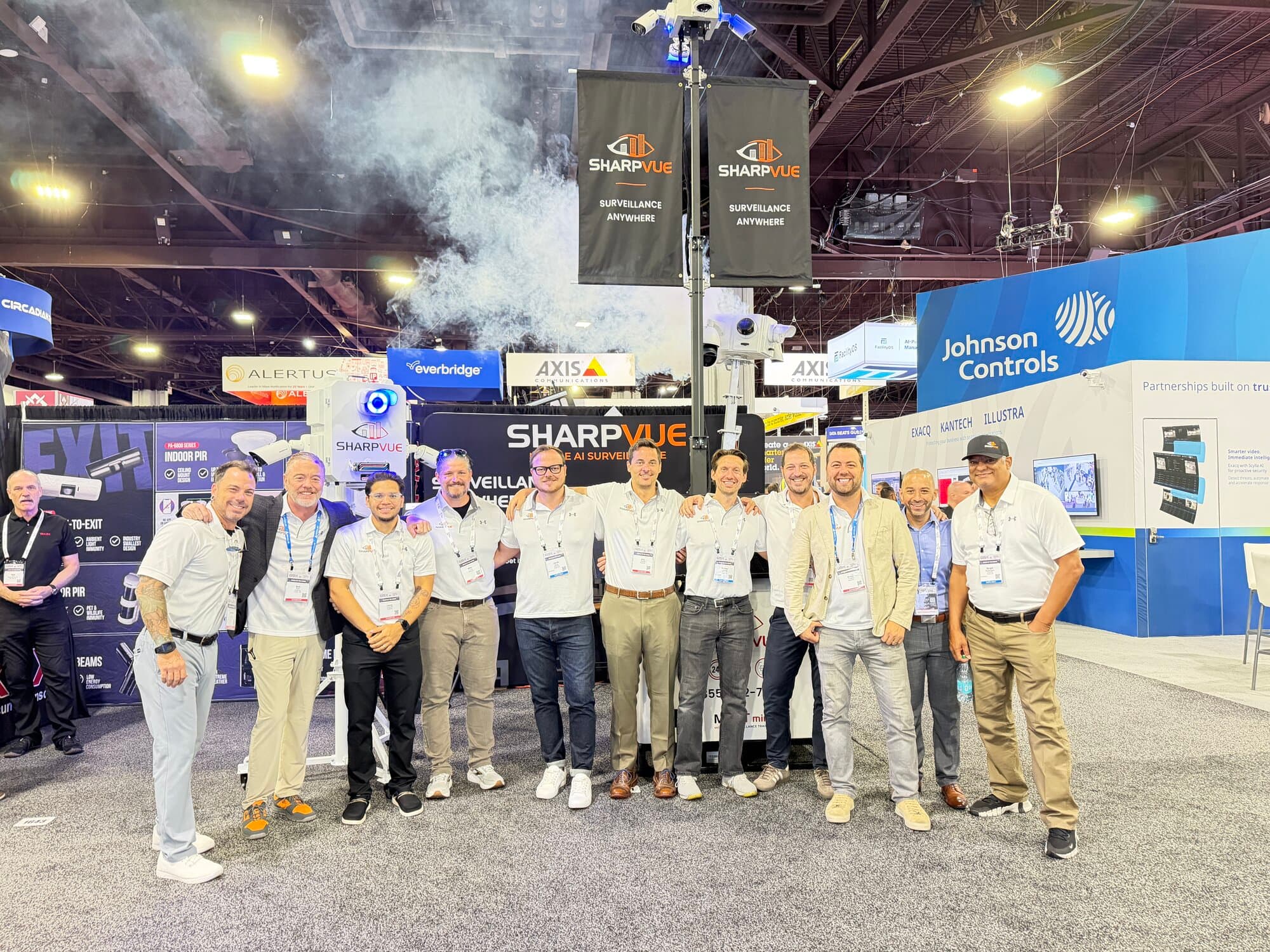 The Sharpvue team gathered at booth 1641 at GSX 2026, beneath the MAST trailer mast and Sharpvue banners.