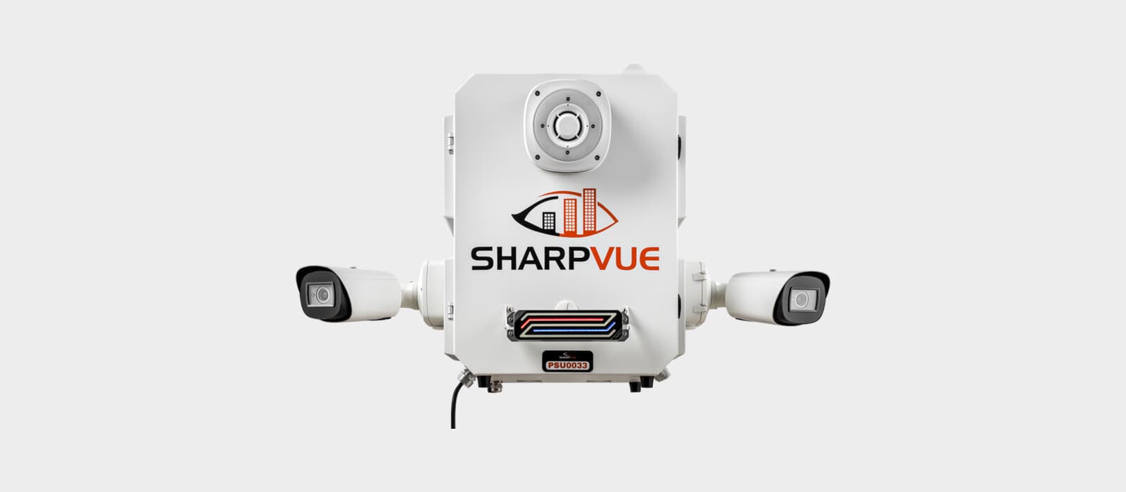 The Sharpvue Portable Surveillance Unit, with two bullet cameras, a strobe bar, and Sharpvue branding on the enclosure.