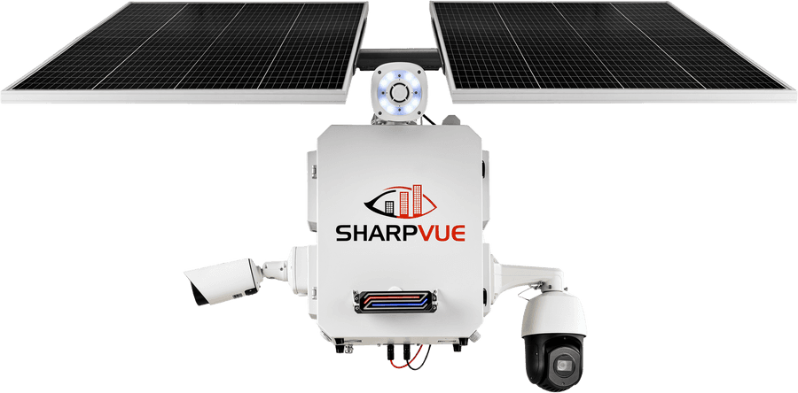 Sharpvue Solar Portable Surveillance Unit (SPSU) with dual solar panels, PTZ dome, and bullet camera