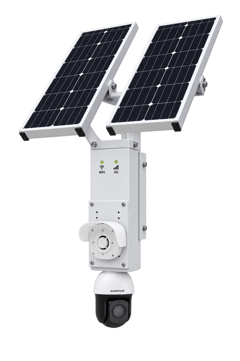 Sharpvue SPSUmicro: a pole-mounted solar box with dual panels, Wi-Fi and 4G status LEDs, and a single PTZ dome camera