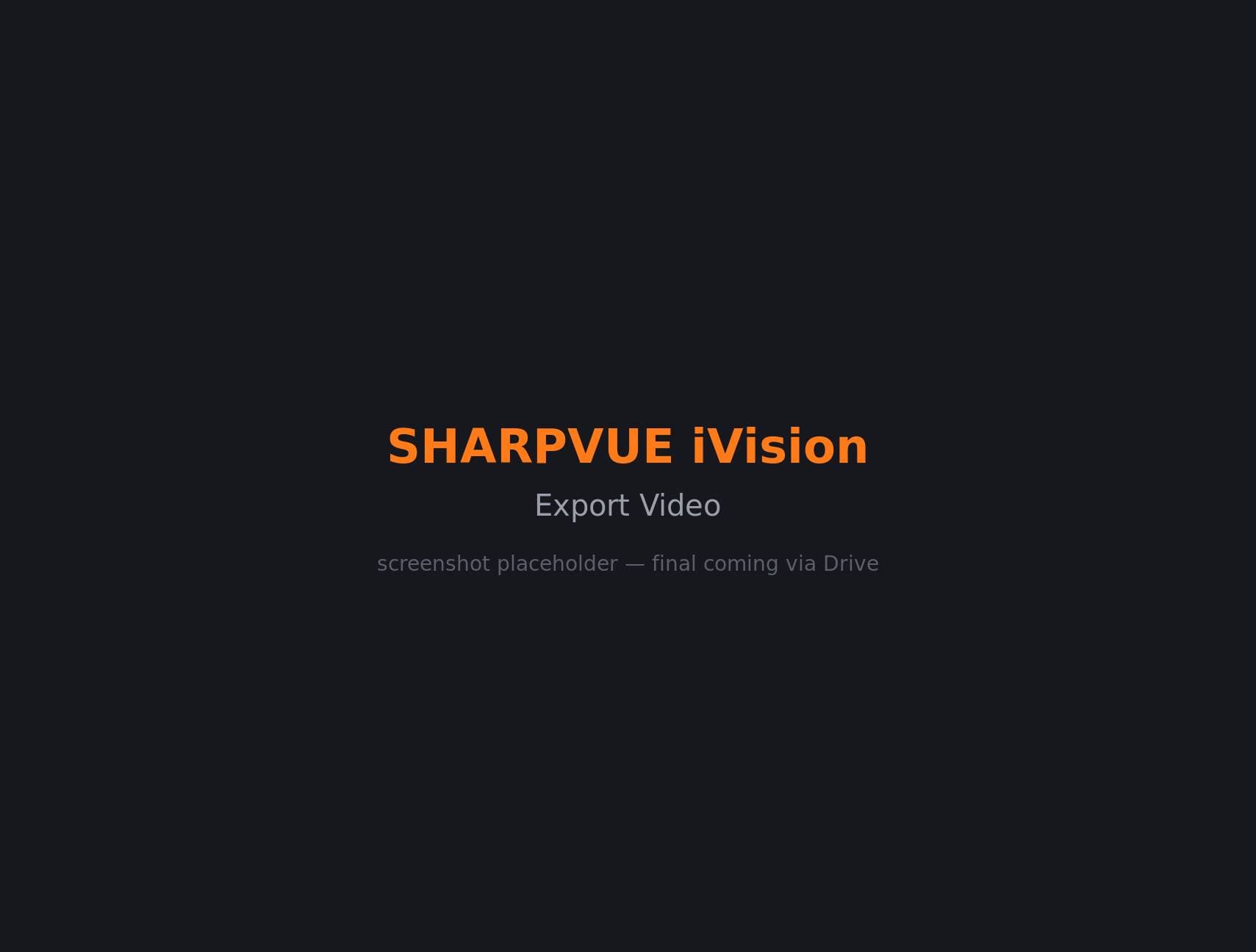 iVision Export Video dialog exporting a single-camera clip to MP4 with a Sharpvue watermark, timestamp, and custom file name